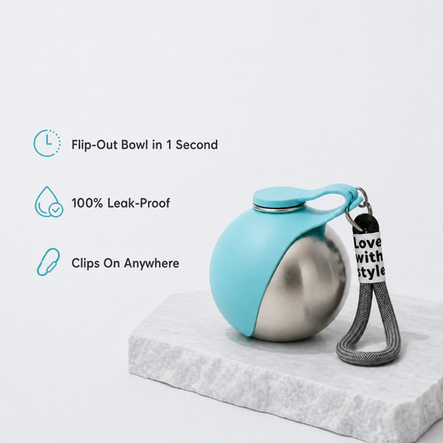 FlipBowl Stainless Steel Pet Water Bottle with Foldable Bowl.